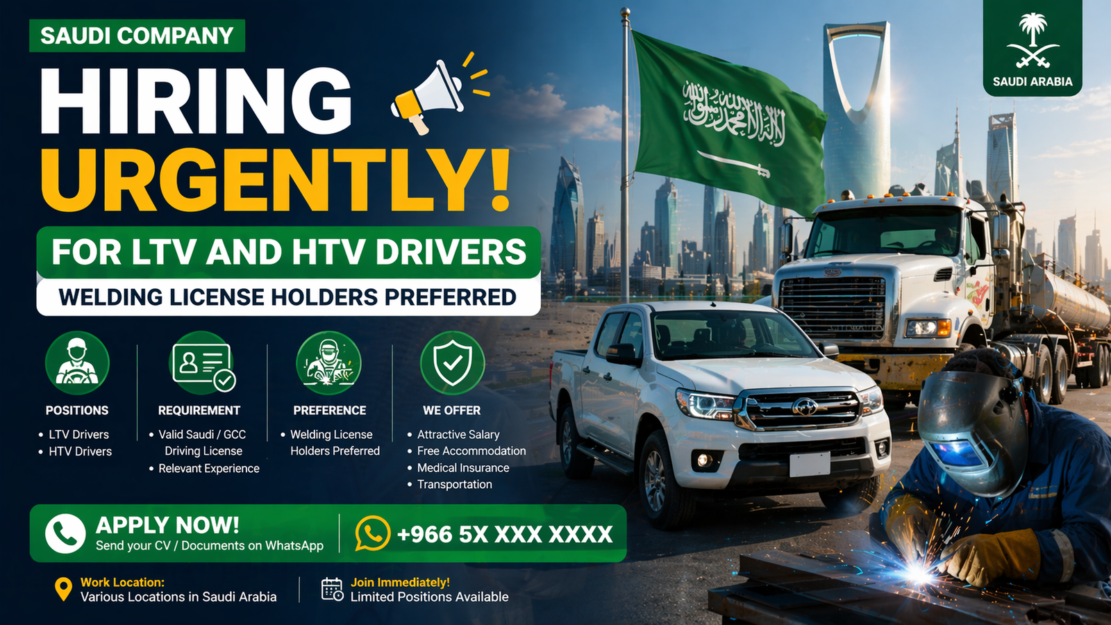 Urgently hiring drivers and welders